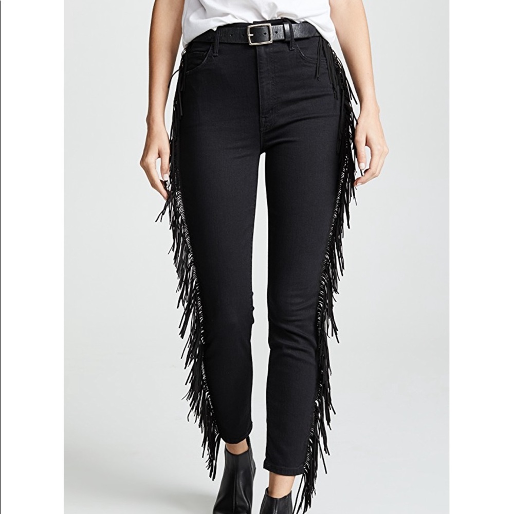 Mother The Swooner Black Fringed High Rise Jeans